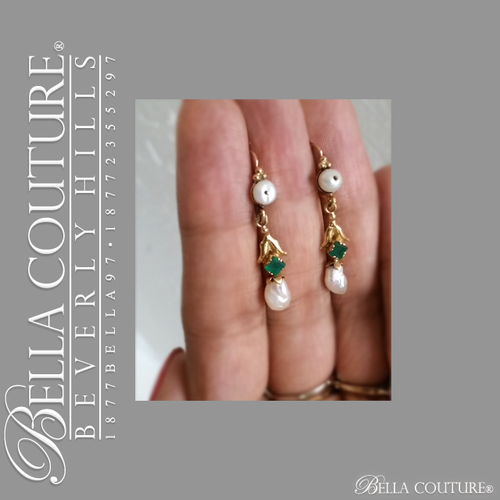 SOLD! - (ANTIQUE) Rare Exquisite Georgian French Genuine Emerald Gemstone South Sea Pearl 18K 18CT Solid Yellow Gold Dangle Drop Chandelier Earrings c. mid 1700