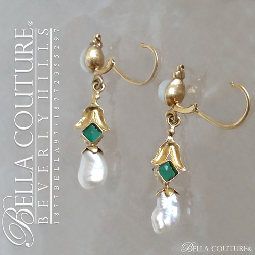 SOLD! - (ANTIQUE) Rare Exquisite Georgian French Genuine Emerald Gemstone South Sea Pearl 18K 18CT Solid Yellow Gold Dangle Drop Chandelier Earrings c. mid 1700