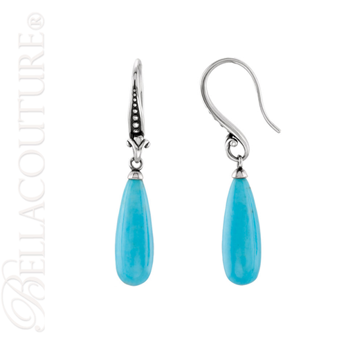 (NEW) BELLA COUTURE BALIZA Gorgeous Fine Genuine Turquoise Fleur De Lis Sterling Silver Dangle Briolette Tear Drop Earrings