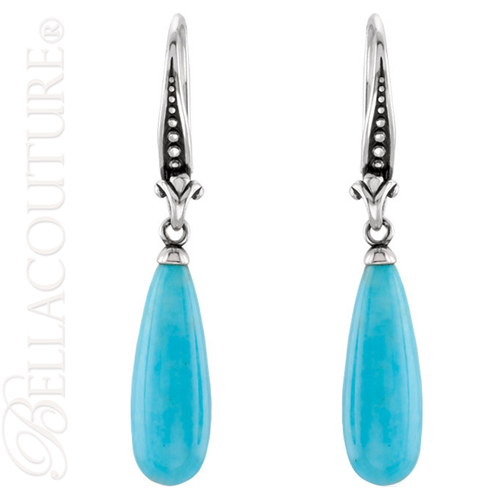 (NEW) BELLA COUTURE BALIZA Gorgeous Fine Genuine Turquoise Fleur De Lis Sterling Silver Dangle Briolette Tear Drop Earrings