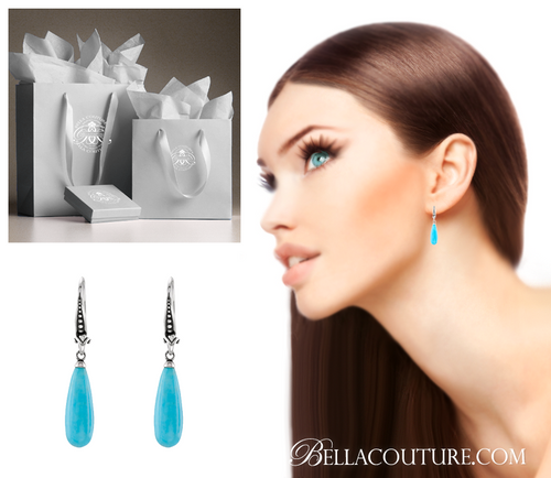 (NEW) BELLA COUTURE BALIZA Gorgeous Fine Genuine Turquoise Fleur De Lis Sterling Silver Dangle Briolette Tear Drop Earrings