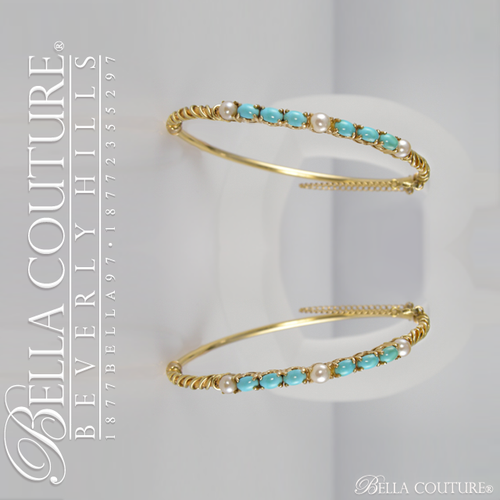 SOLD! - Gorgeous Antique Victorian Rare Freshwater Cultured Pearl Persian Natural Turquoise 14K Bangle Bracelet c.1838