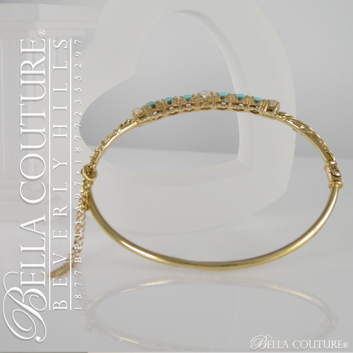 SOLD! - Gorgeous Antique Victorian Rare Freshwater Cultured Pearl Persian Natural Turquoise 14K Bangle Bracelet c.1838