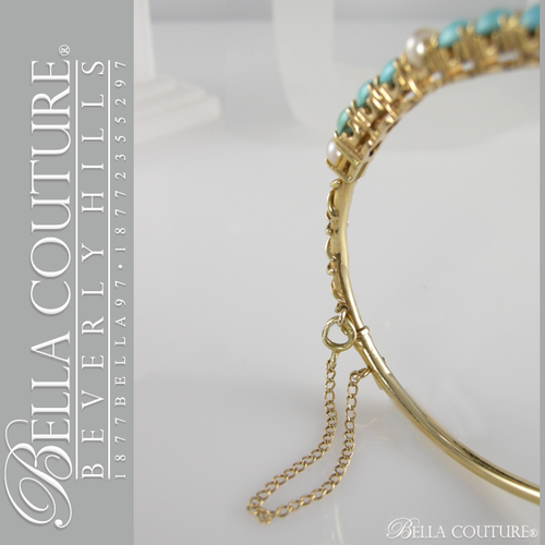 SOLD! - Gorgeous Antique Victorian Rare Freshwater Cultured Pearl Persian Natural Turquoise 14K Bangle Bracelet c.1838