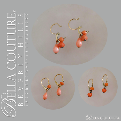SOLD! - (ANTIQUE) Gorgeous Victorian Rare Detachable Day & Night Natural Coral 9K Gold Dangle Drop Earrings Late 1800s