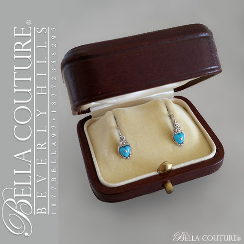 SOLD! - (ANTIQUE) Gorgeous Fine VIctorian Rare Silver Turquoise Paste Heart Earrings