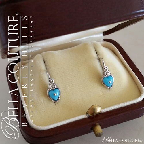 SOLD! - (ANTIQUE) Gorgeous Fine VIctorian Rare Silver Turquoise Paste Heart Earrings