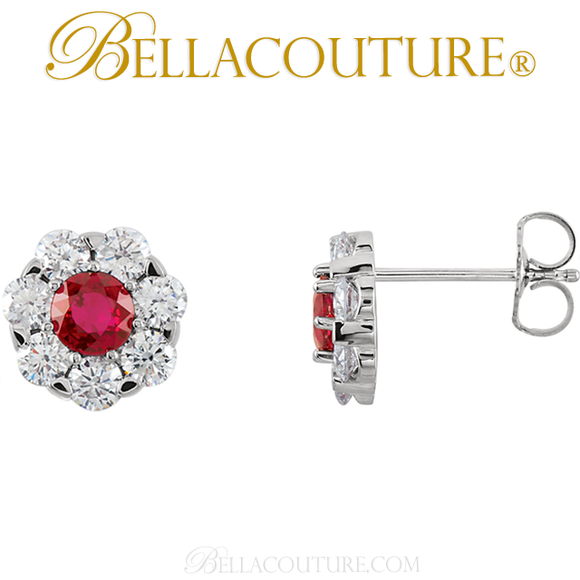 (NEW) Bella Couture Gorgeous 1 1/8CT Diamond Genuine Ruby 14k White Gold Cluster Earrings