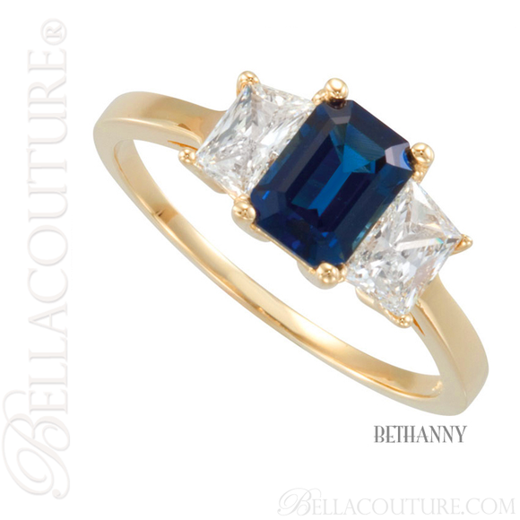 (NEW) BELLA COUTURE THREE STONE BLUE GENUINE SAPPHIRE TRAPEZOID DIAMOND 14K Yellow Gold ENGAGEMENT / ANNIVERSARY RING (3/4 CT. TW.)