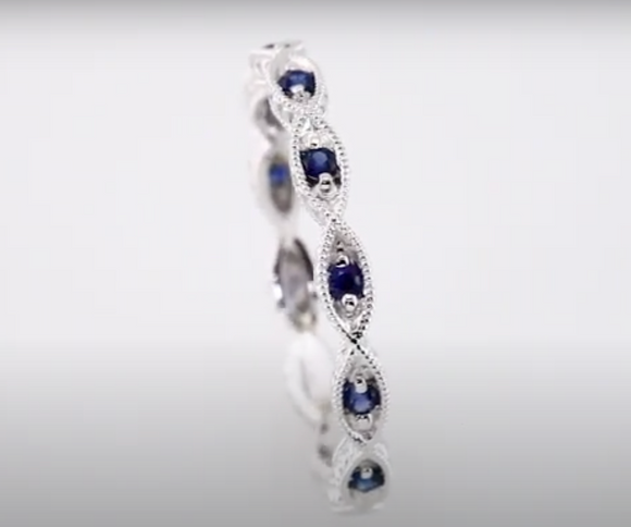 (NEW) BELLA COUTURE FINE GORGEOUS ANTIQUE STYLE GENUINE BLUE SAPPHIRE GEMSTONE 14K WHITE GOLD STACKABLE ANNIVERSARY ETERNITY RING BAND (1/8 CT. TW.)
