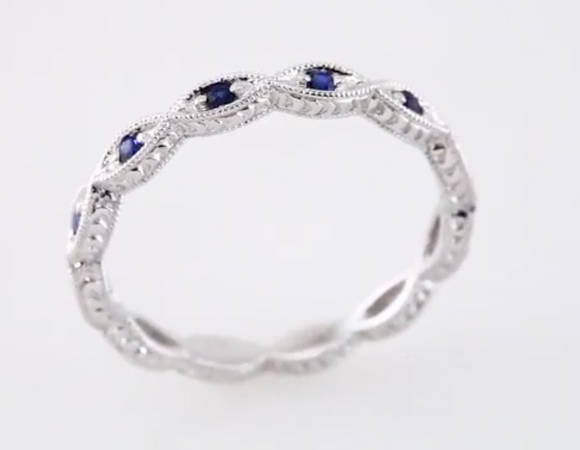 (NEW) BELLA COUTURE FINE GORGEOUS ANTIQUE STYLE GENUINE BLUE SAPPHIRE GEMSTONE 14K WHITE GOLD STACKABLE ANNIVERSARY ETERNITY RING BAND (1/8 CT. TW.)