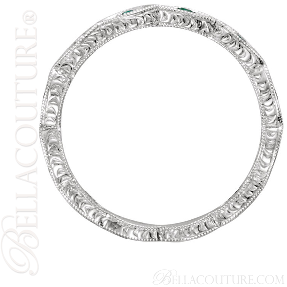 (NEW) BELLA COUTURE FINE GORGEOUS ANTIQUE STYLE GENUINE EMERALD GEMSTONE 14K WHITE GOLD STACKABLE ANNIVERSARY ETERNITY RING BAND (Size 7) (1/8 CT. TW.)