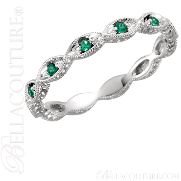 (NEW) BELLA COUTURE FINE GORGEOUS ANTIQUE STYLE GENUINE EMERALD GEMSTONE 14K WHITE GOLD STACKABLE ANNIVERSARY ETERNITY RING BAND (Size 7) (1/8 CT. TW.)