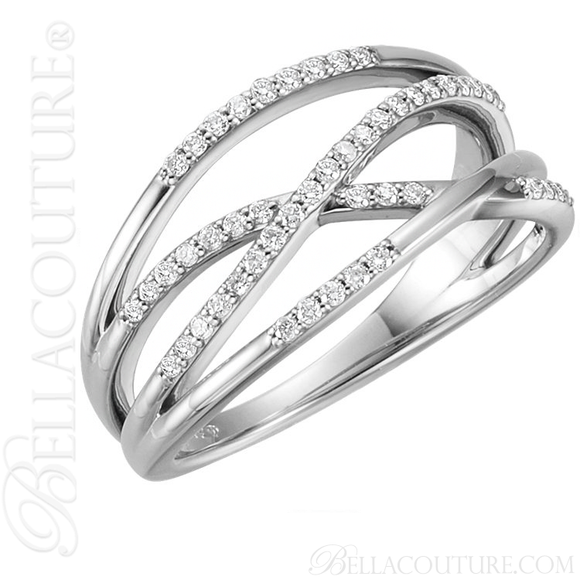 (NEW) BELLA COUTURE VIOLA Fine Elegant Diamond Organic Woven Criss Cross 14K White Gold Ring
