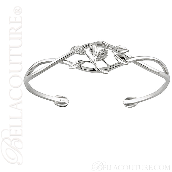 (NEW) BELLA COUTURE FINE ELEGANT SCULPTED LEAF PAVE' DIAMOND 14K WHITE GOLD CUFF BRACELET (ADJUSTABLE)