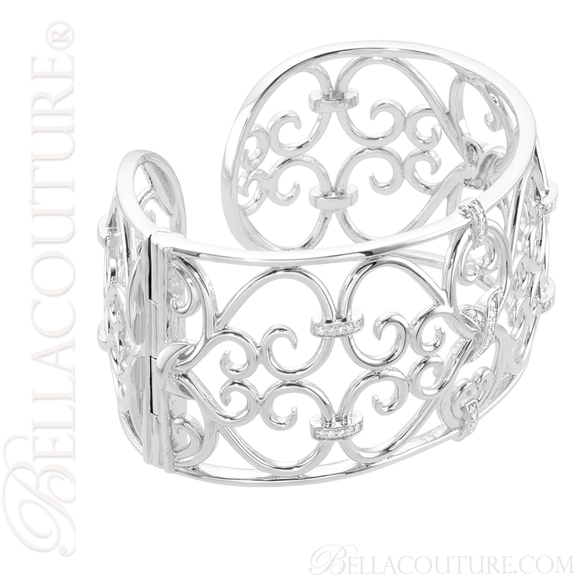 (NEW) BELLA COUTURE FINE ELEGANT SCULPTED SCROLLING OPEN FILIGREE PAVE' DIAMOND 14K WHITE GOLD STERLING CUFF BRACELET