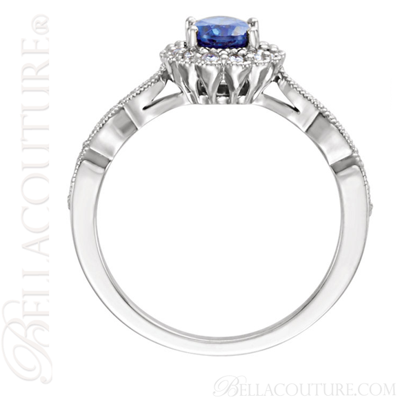 (NEW) BELLA COUTURE FINE ANTIQUE INSPIRED BLUE SAPPHIRE GEMSTONE DIAMOND 14K WHITE GOLD RING