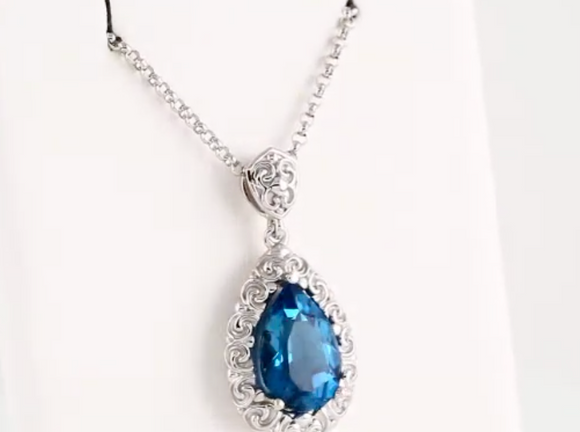(NEW) BELLA COUTURE La VICTORIA FINE GORGEOUS GENUINE LONDON BLUE TOPAZ SCROLLING PENDANT NECKLACE (18" Inches)