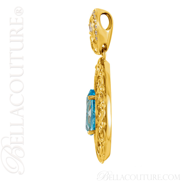(NEW) BELLA COUTURE La VICTORIA FINE GORGEOUS GENUINE SWISS BLUE TOPAZ DIAMOND 14K YELLOW GOLD SCROLLING PENDANT (1/2 CT. TW.)