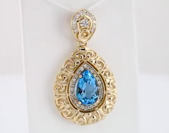 (NEW) BELLA COUTURE La VICTORIA FINE GORGEOUS GENUINE SWISS BLUE TOPAZ DIAMOND 14K YELLOW GOLD SCROLLING PENDANT NECKLACE (1/2 CT. TW.) (18" Inches)