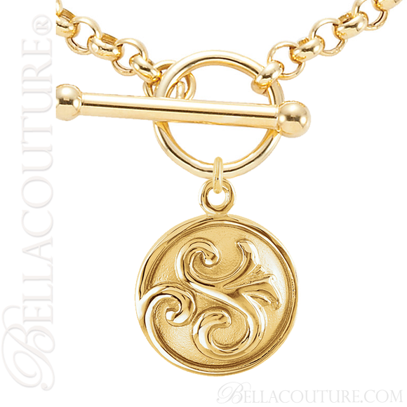 (NEW) BELLA COUTURE Fine Elegant 14K Solid Yellow Gold Scroll Dangle Drop Circle Charm (14MM H x 11MM W x 4.5MM D)