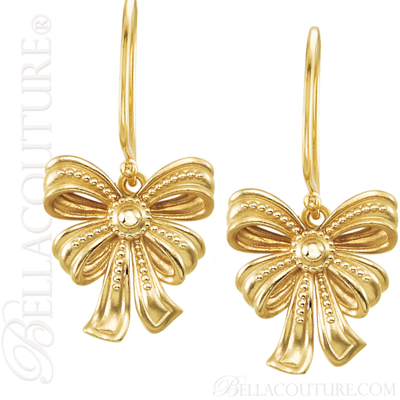 (NEW) BELLA COUTURE FINE GORGEOUS VINTAGE INSPIRED DELICATE 14K YELLOW GOLD DANGLE DROP BOW EARRINGS