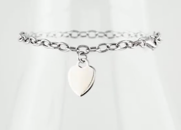 (NEW) BELLA COUTURE Fine Sterling Silver Gold Heart Rolo Chain Charm Bracelet (7.5" Inch - Adjustable)