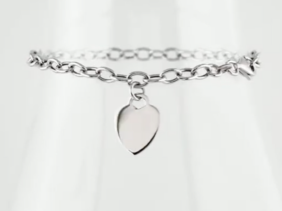 (NEW) BELLA COUTURE Fine Sterling Silver Gold Heart Rolo Chain Charm Bracelet (7.5" Inch - Adjustable)