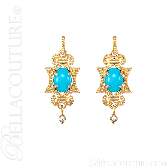 (NEW) BELLA COUTURE ETRUSCAN COLLECTION FINE DIAMOND TURQUOISE 14K YELLOW GOLD EARRINGS