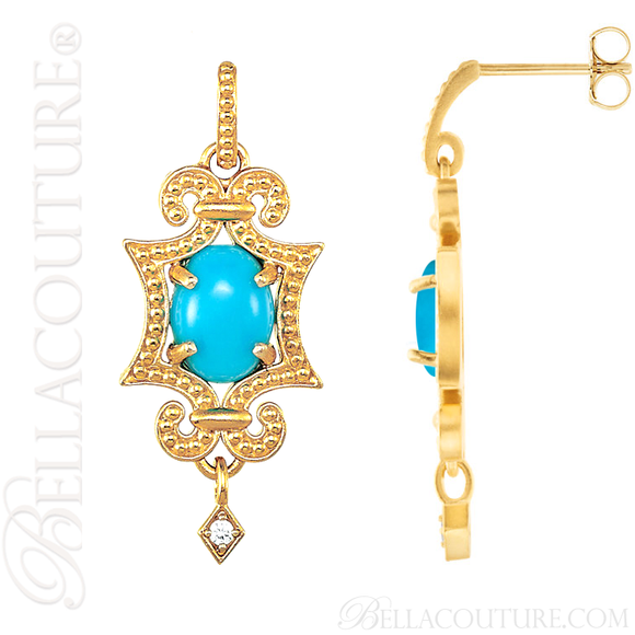 (NEW) BELLA COUTURE ETRUSCAN COLLECTION FINE DIAMOND TURQUOISE 14K YELLOW GOLD EARRINGS