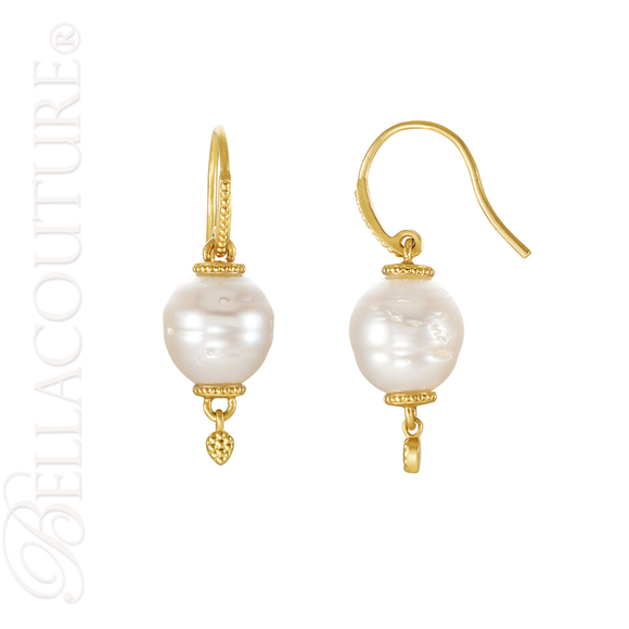 (NEW) BELLA COUTURE ETRUSCAN COLLECTION Fine Elegant 11MM South Sea Cultured Pearl 14K Yellow Gold Dangle Drop Earrings