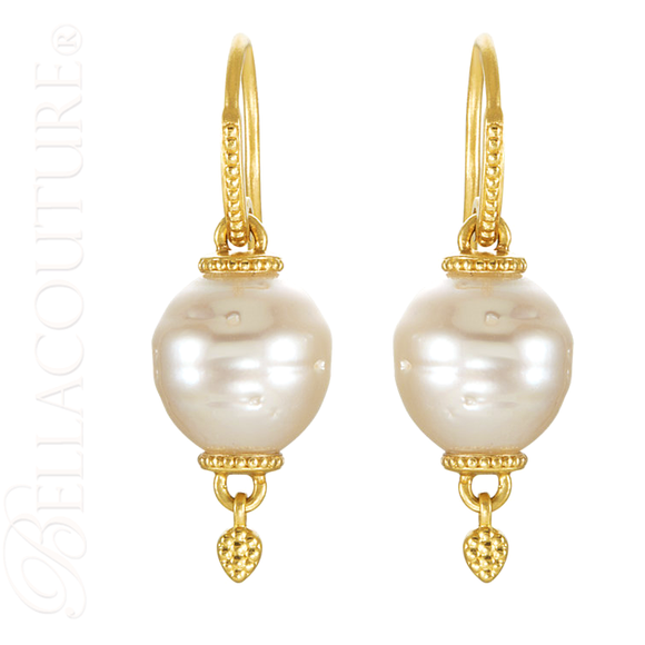 (NEW) BELLA COUTURE ETRUSCAN COLLECTION Fine Elegant 11MM South Sea Cultured Pearl 14K Yellow Gold Dangle Drop Earrings