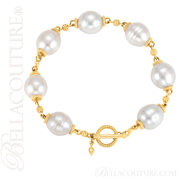 (NEW) BELLA COUTURE ETRUSCAN COLLECTION Fine White South Sea Pearl 11.5MM 14K Solid Yellow Gold Chain Toggle Dangle Drop Accent Bracelet