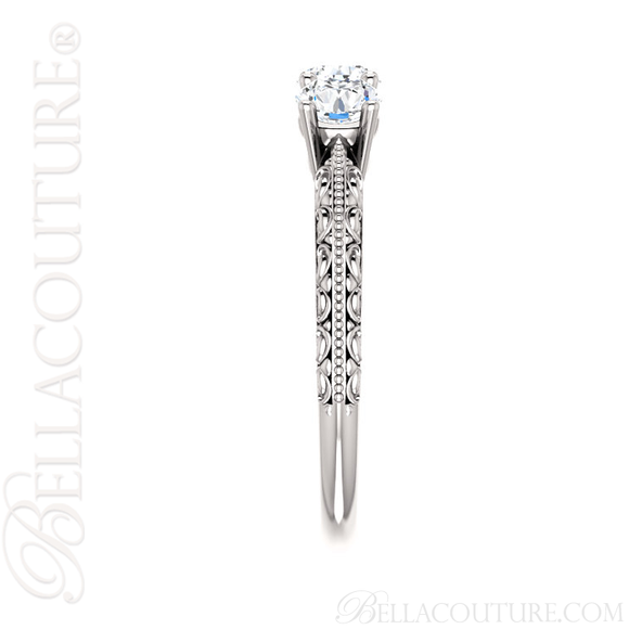 (NEW) BELLA COUTURE Fine Elegant Antique Scroll Design Three Stone Diamond 14K White Gold Engagement / Anniversary Ring Band (1 CT. TW.)