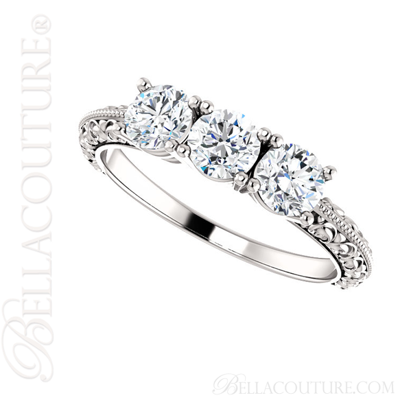 (NEW) BELLA COUTURE Fine Elegant Antique Scroll Design Three Stone Diamond 14K White Gold Engagement / Anniversary Ring Band (1 CT. TW.)