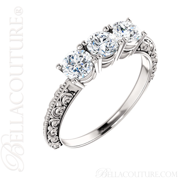 (NEW) BELLA COUTURE Fine Elegant Antique Scroll Design Three Stone Diamond 14K White Gold Engagement / Anniversary Ring Band (1 CT. TW.)