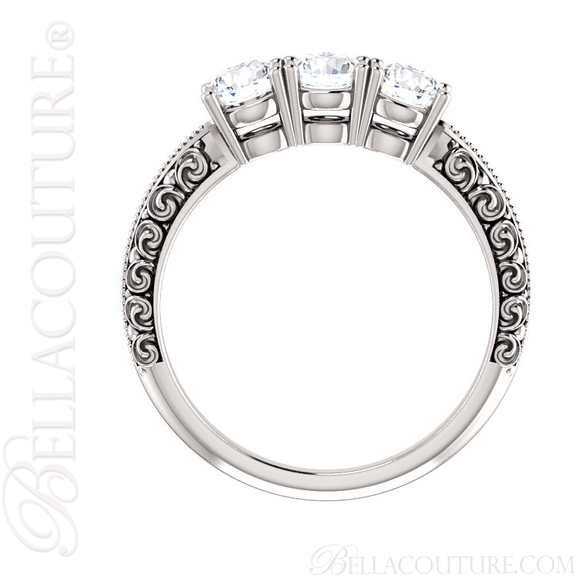 (NEW) BELLA COUTURE Fine Elegant Antique Scroll Design Three Stone Diamond 14K White Gold Engagement / Anniversary Ring Band (1 CT. TW.)
