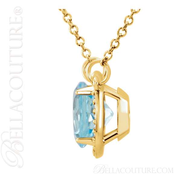 (NEW) BELLA COUTURE OPHELIA FINE GORGEOUS SKY BLUE TOPAZ GEMSTONE DIAMOND 14K YELLOW GOLD PENDANT NECKLACE (16" Inches)