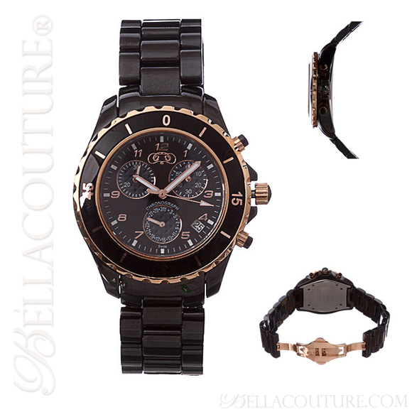 SOLD OUT! - (NEW) CERAMIC COUTURE® Men's Black and Rose Gold Chronograph Ceramic Bracelet Watch