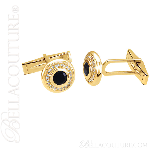 (NEW) BELLA COUTURE® MEN'S Fine Diamond and Genuine Black Onyx 14K Yellow Gold CUFFLINKS I CUFF LINKS