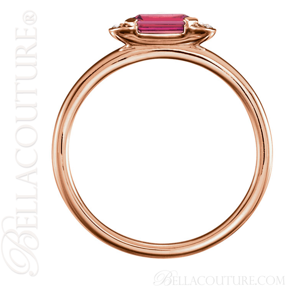 (NEW) BELLA COUTURE LeORA Fine Elegant Modern Diamond Baguette Emerald Cut Genuine Pink Tourmaline Gemstone 14K Rose Gold Ring