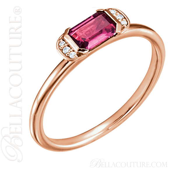 (NEW) BELLA COUTURE LeORA Fine Elegant Modern Diamond Baguette Emerald Cut Genuine Pink Tourmaline Gemstone 14K Rose Gold Ring