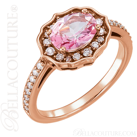 (NEW) BELLA COUTURE FLORINA Fine Elegant Diamond Oval Pink Topaz Gemstone 14K Rose Gold Ring (1/3 CT. TW.)