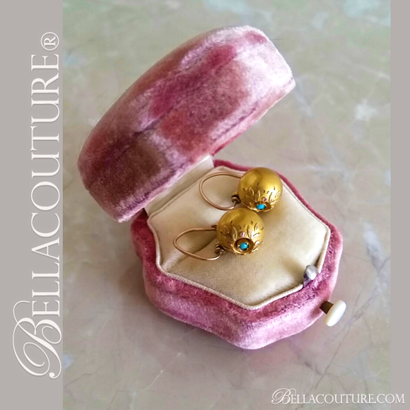 SOLD! - (ANTIQUE) Rare Gorgeous Victorian Floral Flower Natural Turquoise Gemstone 14K Yellow & Delicate Rose Gold Etched Appliqué Dangle Drop Earrings c.1838 One of a Kind Fine Jewelry