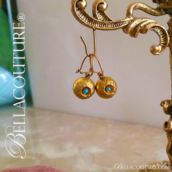 SOLD! - (ANTIQUE) Rare Gorgeous Victorian Floral Flower Natural Turquoise Gemstone 14K Yellow & Delicate Rose Gold Etched Appliqué Dangle Drop Earrings c.1838 One of a Kind Fine Jewelry