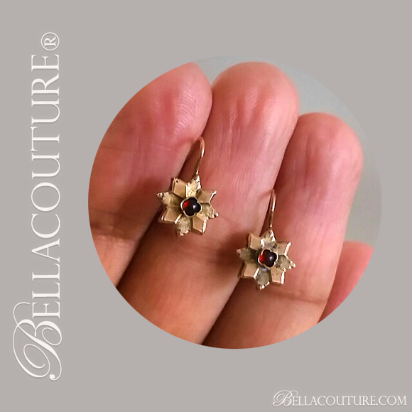 SOLD! - (ANTIQUE) Rare Gorgeous Victorian Floral Flower Natural Garnet Gemstone 14K 14CT Rose Gold Etched Dangle Drop Earrings c.1838 One of a Kind Fine Jewelry