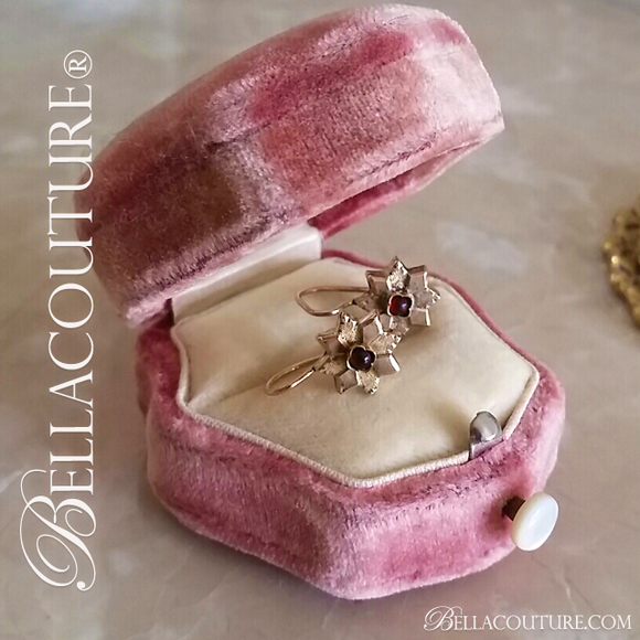 SOLD! - (ANTIQUE) Rare Gorgeous Victorian Floral Flower Natural Garnet Gemstone 14K 14CT Rose Gold Etched Dangle Drop Earrings c.1838 One of a Kind Fine Jewelry