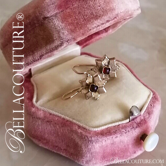SOLD! - (ANTIQUE) Rare Gorgeous Victorian Floral Flower Natural Garnet Gemstone 14K 14CT Rose Gold Etched Dangle Drop Earrings c.1838 One of a Kind Fine Jewelry