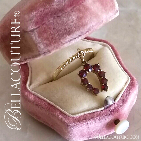 SOLD! - (ANTIQUE) Rare Gorgeous Victorian 14K 14CT Yellow Gold Natural Rose Cut Garnet Gemstone Dainty Horseshoe Good Luck Dangle Drop Charm Ring c. 1838 One of a Kind Fine Jewelry