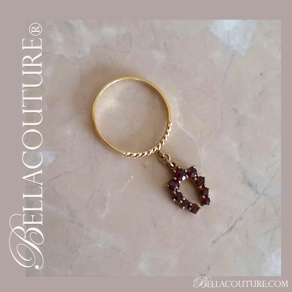 SOLD! - (ANTIQUE) Rare Gorgeous Victorian 14K 14CT Yellow Gold Natural Rose Cut Garnet Gemstone Dainty Horseshoe Good Luck Dangle Drop Charm Ring c. 1838 One of a Kind Fine Jewelry